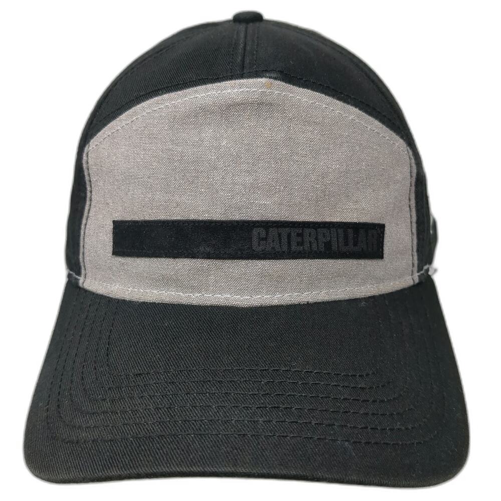 Caterpillar 5 Panel Black Gray Hat One Size Snapback Workwear Side Logo Cotton